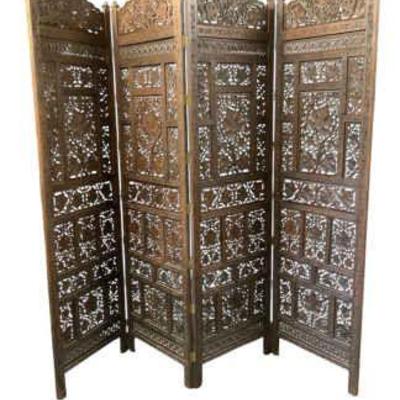 JAKA628 Vintage Mid Century Teak Room Divider	4- panel wood hand crafted screen/ room divider in a bohemian style. Sturdy wood design. 
