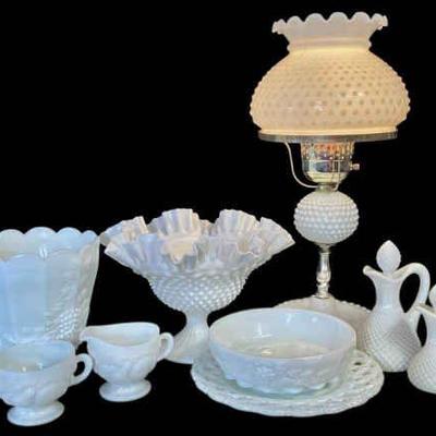 JAKA773 Vintage Westmoreland Milk Glass Collection, Fenton + More	Vintage Hobnail milk glass lamp, approx. 18"T 
