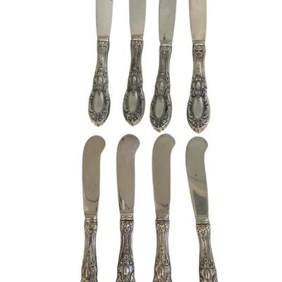 JAKA928 Sterling Silver Butter Spreaders, King Richard Pattern By Towle, Collection IX	Ornate vintage flatware
