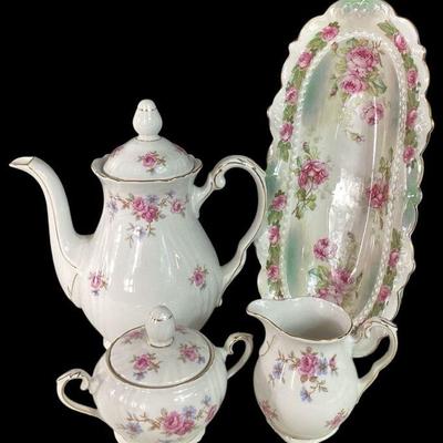JAKA766 Antique + Vintage Porcelain Rose Dishes	Winterling Bavaria Germany pink rose sugar dish, creamer pitcher, and teapot
