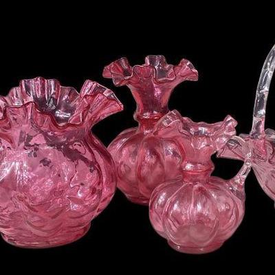 JAKA729 Vintage Pink Cranberry Glass Vases	Vintage pink ruffled glass vase appears to be Fenton, no marking, 5.5"T x 6"W
