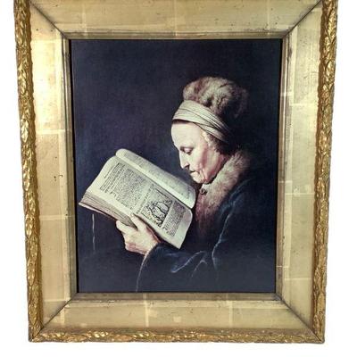 JAKA610 Portrait Of Old Women Reading Print	Reproduced print painting with heavy wood ornate gold gilded frame. 14"L X 12.5"W
