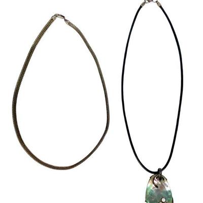 JAKA219 Stamped 925 MOP Pendant & Omega Chain	9.5" Mother of Pearl on leather necklace. Made in Italy Omega chain, approximately...