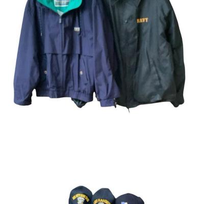 JAKA920 U S Navy Mens Jackets And Hat	Vintage Holloway jacket is in green and blue size XL.  The next jacket is a vintage military faux...
