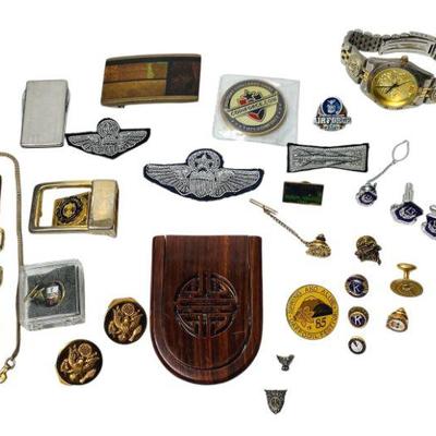 JAKA226 Navy Watch, Air Force Badges, Pins, Miscellaneous & More	Some Navy pins, cuff links, patches and Military challenge coin
