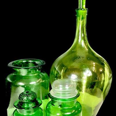 JAKA753 Vintage Belgian Green Glass Apothecary Jars	Vintage large green glass flask style jar with glass cork, approx. 23"T 
