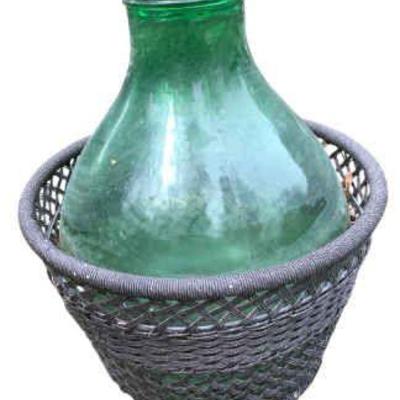 JAKA936 Vintage Green HandblownDemijohn In Wicker Wasket	Basket has been outside and needs cleaning but no signs of chips or cracks....