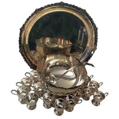 JAKA663 Vtg Ornate Silver plated Serving Set	This lot includes 15cups,  a punch bowl with ladel marked silver plated Japan and a unmarked...