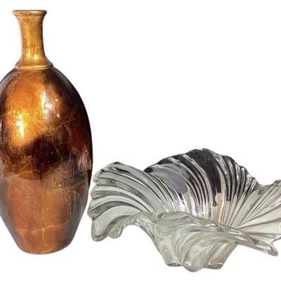 JAKA758 Mikasa Belle Crystal Bowl + More	Tall vase of golds, oranges + browns, approx. 18"T x 7.5"W
