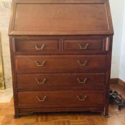 JAKA816 Far East Drop Front Secretary	Features 2 small pull-out drawers above 3 full drawers. Heavy bronze drawer pulls. Measures...
