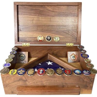 JAKA748 Handmade Wooden Flag Case With U.S. Flag + Military Meritorious Coins	Flag was flown at Camp Delta inside a handmade flag case...