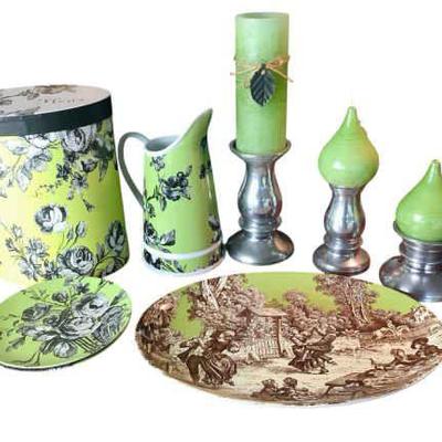 JAKA833 Green Floral Dishware And Decorative Candles	Includes two small plates, one long plate with display stand, pitcher, green...
