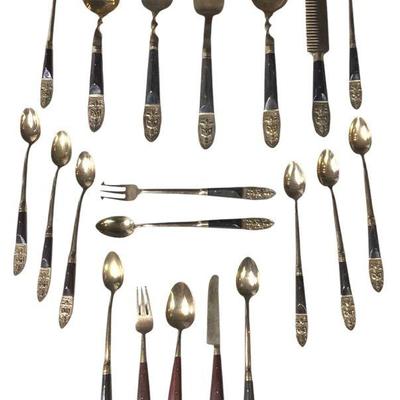 JAKA743 Antique Rosewood + Brass Flatware from Thailand	Unique flatware made of dark wood and brass metal. This is a partial set. 20...