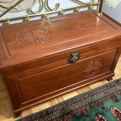 JAKA806 Wooden Bedroom Dowry Type Chest	Large wooden chest with brass latch and hinges, Chinese character circular decorations on front...