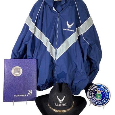 JAKA230 Air Force Collection	includes USAF windbreaker with pants, Cowbooy hat, Air war college yearbook (1974) and more

