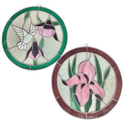 JAKA775 Two Oval Leaded Stained Glass Suncatchers	One is a hummingbird and the other is an Iris.  Both are approximately 12" across.

