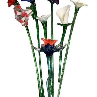 JAKA622 Vintage Hand Blown Glass Flowers	Murano style glass flowers with long stems and a blue stem with a flower like design.
