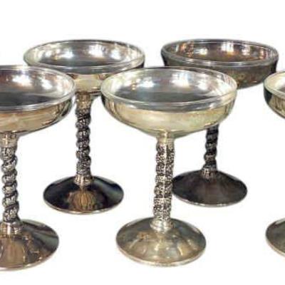 JAKA762 1960’s Silver Plated Champagne Goblets With Inserts Set 1	Twisted grapevine stems, approx. 6"T
