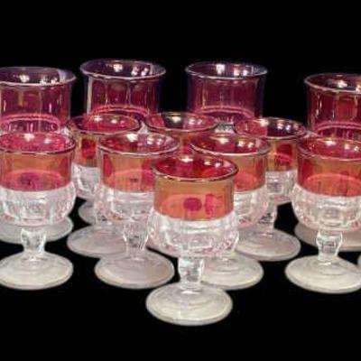 JAKA774 Tiffin/Franciscan Kings Crown Flashed Glass Thumbprint Goblets	6" goblet (set of 8) and 4.5" glasses (set of 8)
