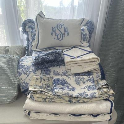 pretty blue linens for queen bed and windows