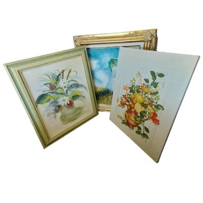 Kitchy Framed and Unframed Paintings and Embroidery 
