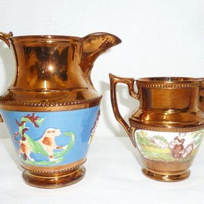 pair antique copper luster pitchers