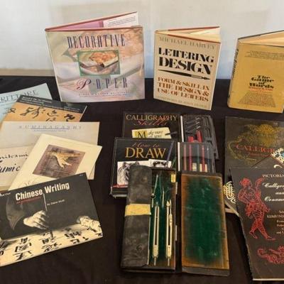 Vintage Drafting Tools, Calligraphy Set And Books, Drawing Kit And Other Fascinating Books
