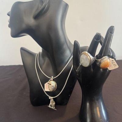 Moss Agate Ring, Brown Agate Ring From India, Chinese Sage Sterling Silver. And A Shell Pendant
