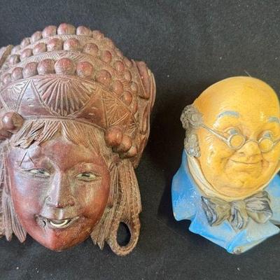 Antique Hand Carved Wood Mask Chinese Tibetan Empress Rare Wall Decor And Vintage Bossen Head
