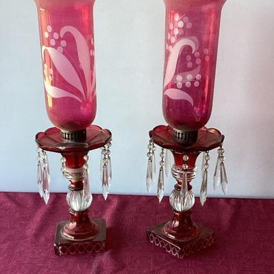 Pair of Vintage Boudoir Cranberry Oil Lamps
