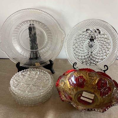 Indiana Goofus Glass Bowl, Anchor Hocking Glass plate, Glass Platter And Waterford Crystal Dessert P
