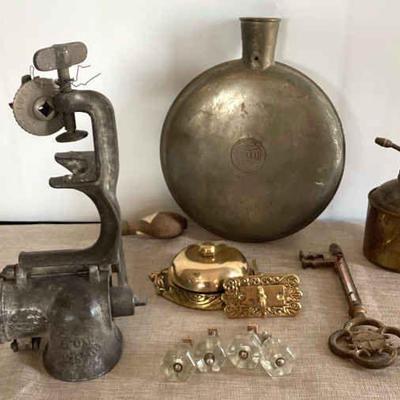 Antique And Vintage Items (Meat Grinder, Weather Key, Hot Water Bottle, Brass Plant Mister And more)
