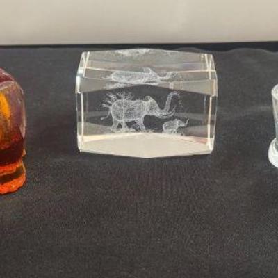 Laser Etched Elephant 3D Glass Design And Two Vintage Elephant Pipe Holders
