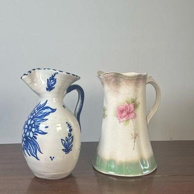 (2pc) Toledo Pottery Pitcher & Stinthal China Pitcher | Spanish (Quismondo) Toledo Pottery blue/white pitcher with floral/leaf...