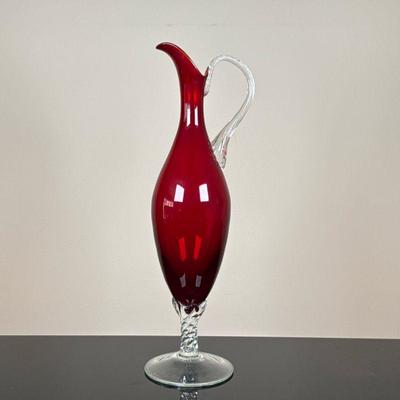 Italian Empoli Art Glass Pitcher | Vintage (1950s-1970s) Italian (Empoli) art glass/blown glass ruby red pitcher with twisted crystal...
