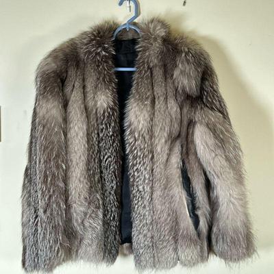 Women's Short Silver Fox Fur Coat | Women's short fur coat with velvet pockets. Appears to fit size "Large."

