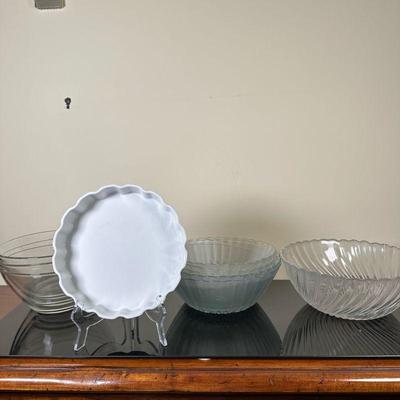 (10pc) Collection of Serving Bowls | Collection of serving bowls including glass swirl-bottom serving bowl, ceramic pie dish with...