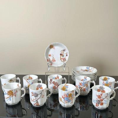 (14pc) Limoges Teacups/Saucers | Limoges (France) Haviland & Co. (worldwide) tea set with rust-colored and cornflower blue-colored...
