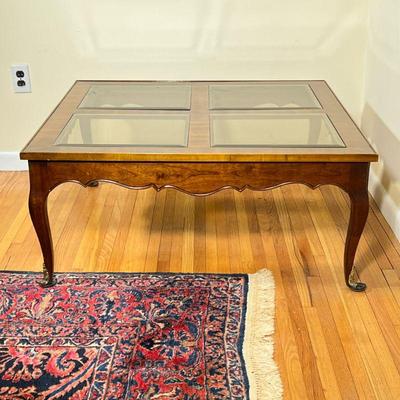 Glass-Top Coffee Table | Glass-top coffee table with four beveled glass inserts on cabriole legs. - h. 16.5 x w. 38 x d. 38 in

