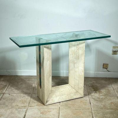 Italian Travertine & Glass Table - Small | Italian table featuring a travertine/marble u-shaped base, rectangular glass top, and...