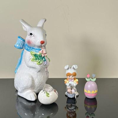 (4pc) Ceramic Easter Holiday Decor | Vintage tall ceramic hand-painted white bunny figurine marked "Made in China"...