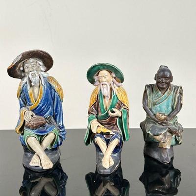 (3pc) Chinese "Mud Men" Figurines & Monk | Antique (1890-1919) Chinese (Shekwan/Shiwan) glazed clay figurines of "Mud...