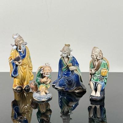(4pc) Chinese "Mud Men" Figurines - Posing | Antique (1890-1919) Chinese (Shekwan/Shiwan) glazed clay figurines of "Mud...
