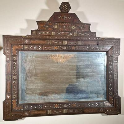Islamic/Moorish Mirror | Antique (1900s) Islamic/Moorish style rectangular mirror with parquetry and inlaid mother-of-pearl geometric...