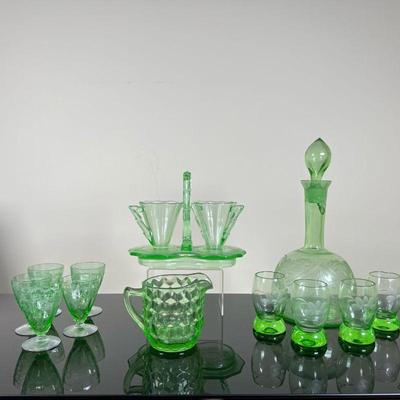 (12pc) Uranium/Depression Glass | Vintage uranium/depression glass set includes etched, bulbed base decanter with stopper and drinking...