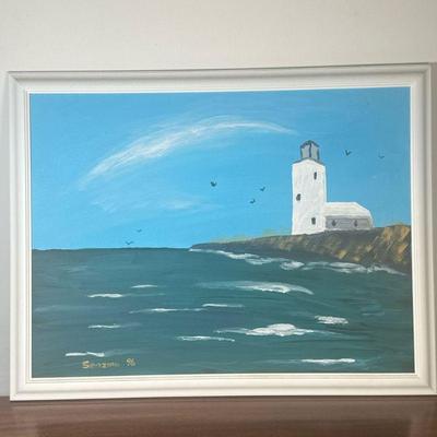 Unknown Artist, Original Painting - Lighthouse | Scenic painting of a white lighthouse on a clear blue sky day with rolling waves in the...