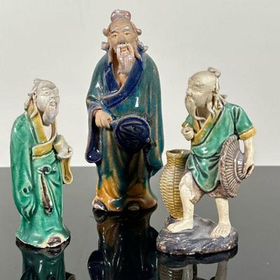 (3pc) Chinese "Mud Men" Figurines - Standing | Antique (1890-1919) Chinese (Shekwan/Shiwan) glazed clay figurines of "Mud...