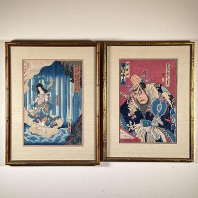 (2pc) Multiple Artists (Japanese, 1800s) Woodblock Prints | Utagawa Toyokuni III (Japan, 1786-1865) Map of Mongaku of Takao and his...
