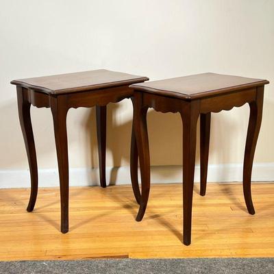 (2pc) French (Louis XV) Wooden Side Tables | Vintage (1960s) French Louis XV style wooden side tables on curved legs. - h. 20.5 x w. 17 x...