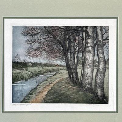 Unknown Artist, Original Lithograph - Birch Trees | Scenic lithograph of a winding river path and birch trees (title not legible)....